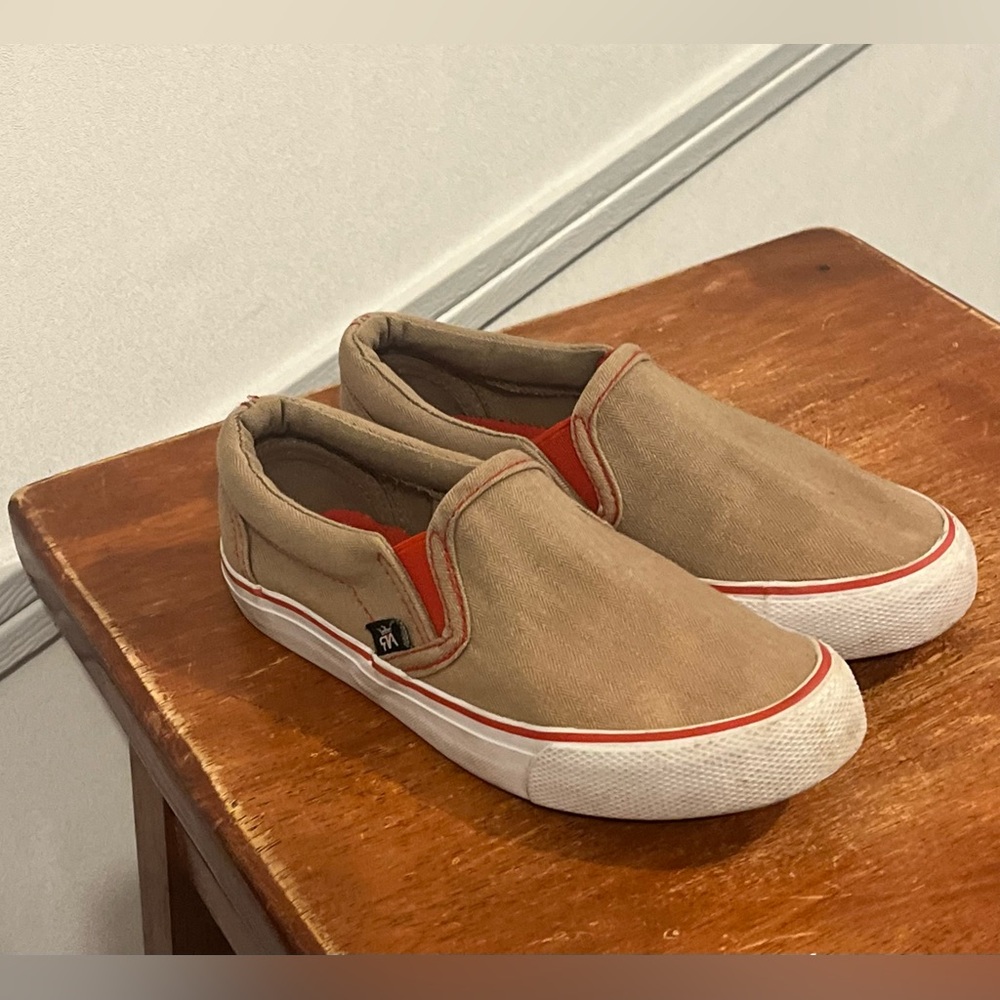 Slip-On Canvas Sneakers Red Ape Boys Size 1 Tan with Red-Orange Elastic
